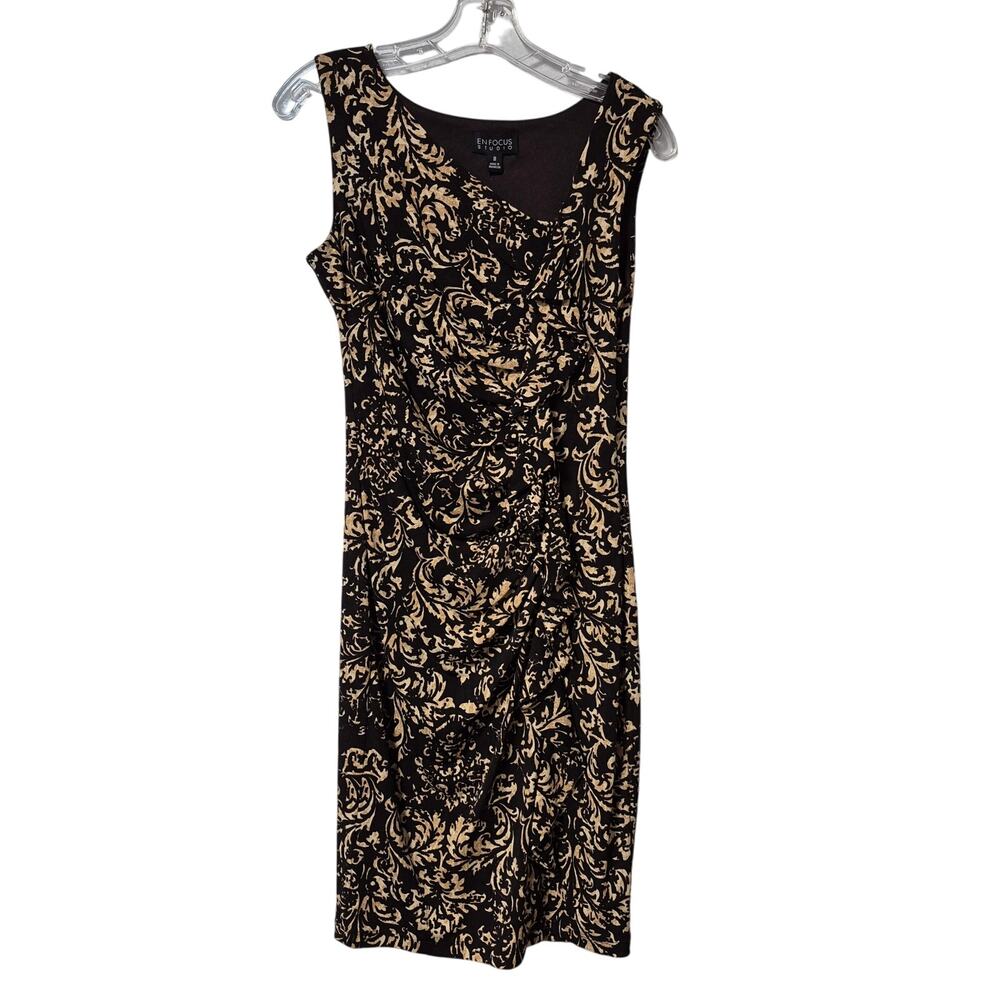 Enfocus Studio Womens Sleeveless Dress Brown Beige Size 8 Stretch Front Ruffle